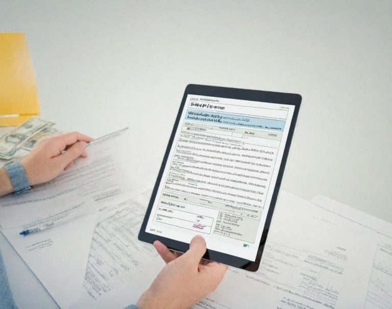 Mandantenportal Eine Person hält ein Tablet mit einem Formular und Finanzunterlagen auf einem Tisch.